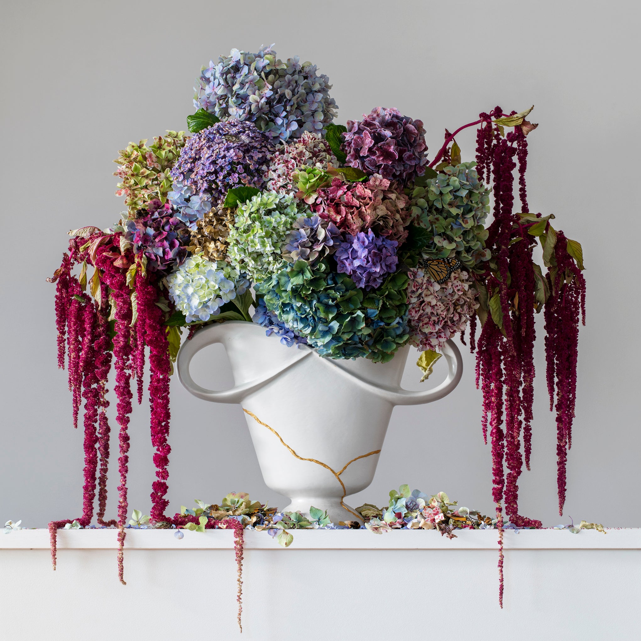 Hydrangeas & Love Lies Bleeding 1.12pm (without bird)